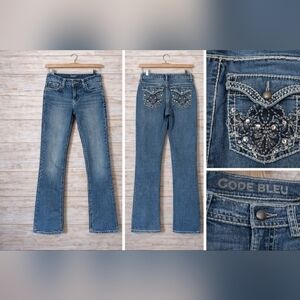 Code Bleu Embellished Bootcut Jeans | Rhinestone Pocket | Blue Denim